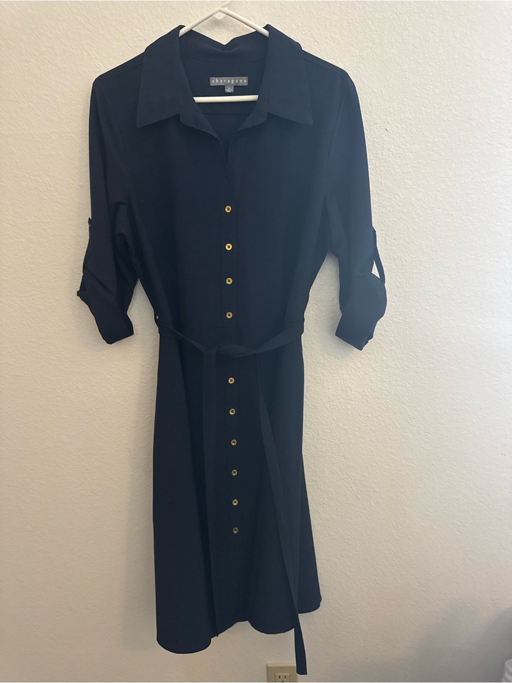 Sharagano Navy Midi Shirt Dress with Gold Buttons